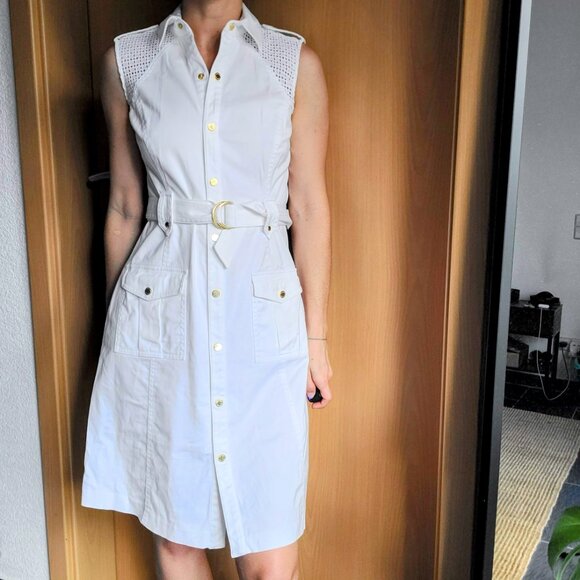 Calvin Klein White Sleeveless Belted Button Front Shirt Dress Size 4 - Picture 8 of 11